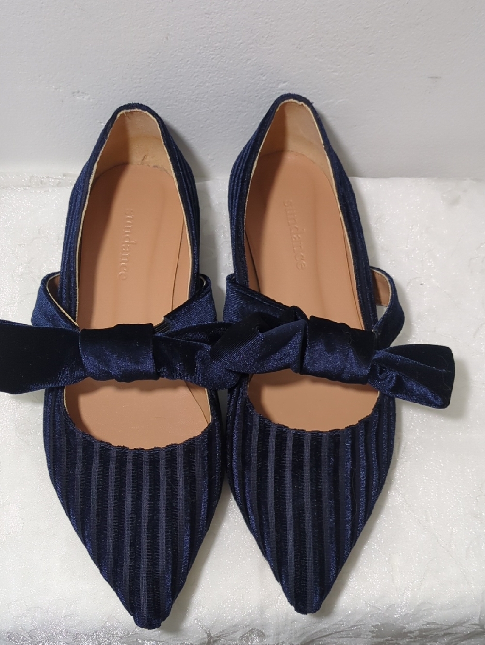 Sundance Navy Striped Velvet Pointed Flats with Bow
